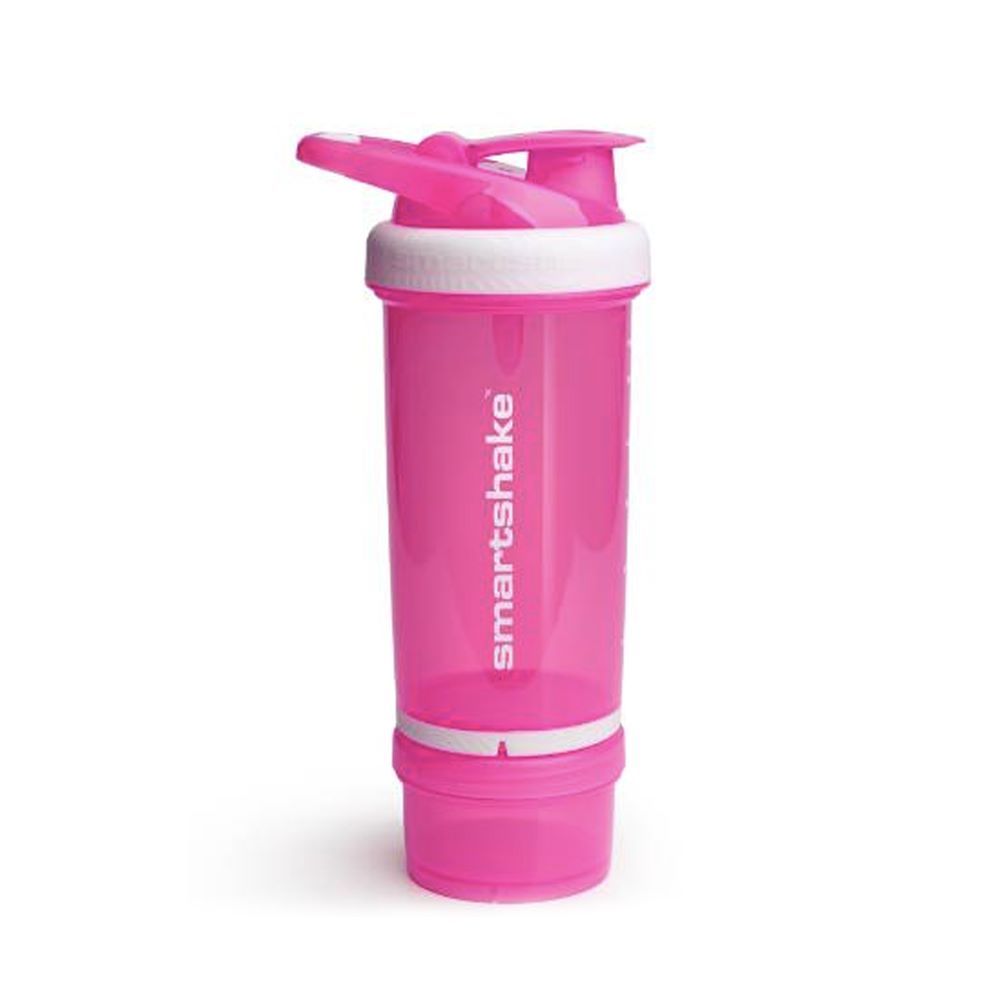 Pinkfarbener Shaker mit weißem Deckel und Aufschrift "smartshake". Der Shaker hat einen zusätzlichen Behälter am Boden.