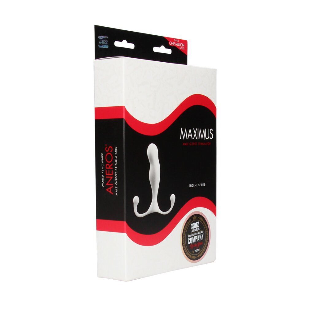 Verpackung für den 'Maximus' Gleitmittel-Stimulator von ANEROS, weiß mit roten Akzenten und Produktabbildung.