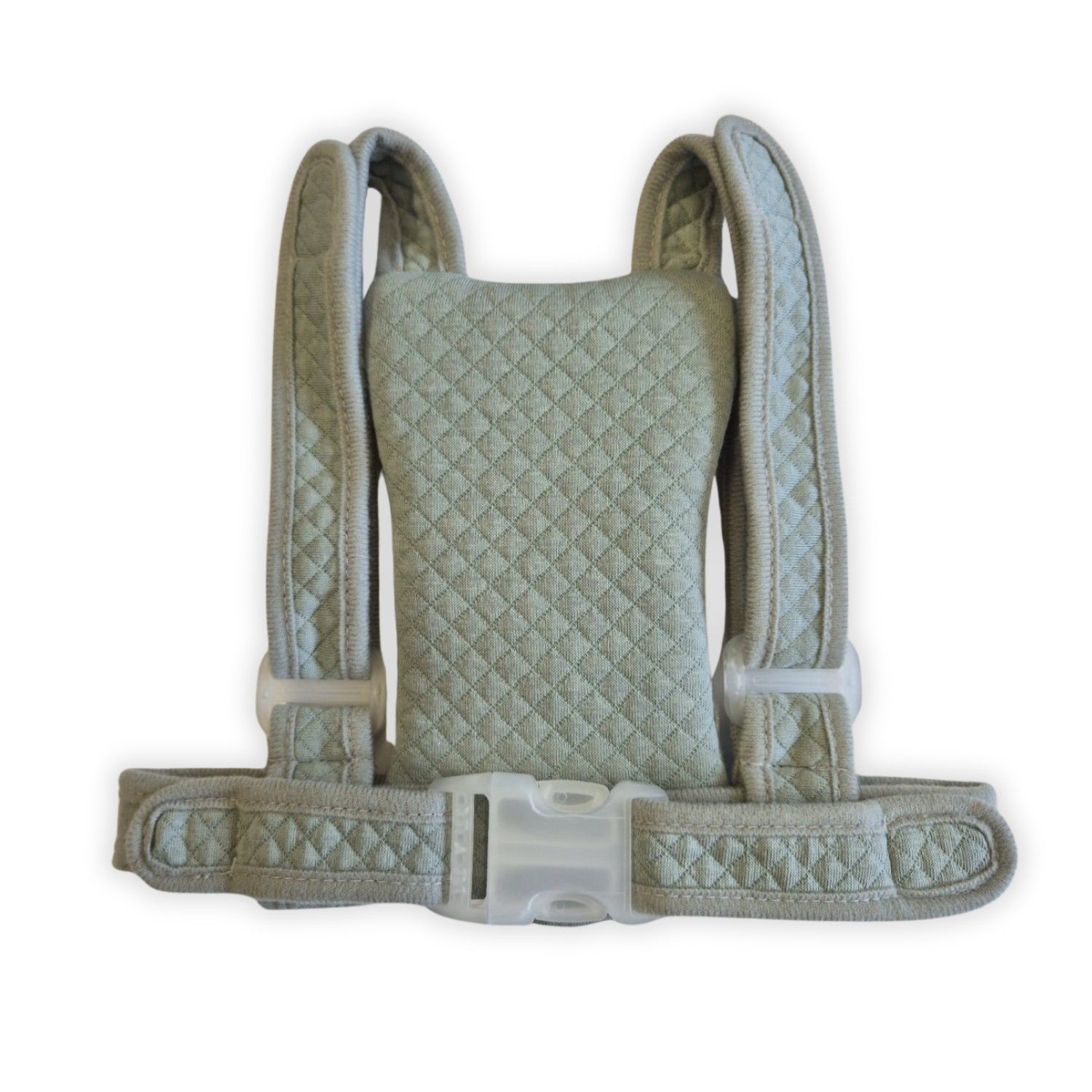 Grüner Rucksack mit Schultergurten und Schnallenverschluss. Gestepptes Muster.
