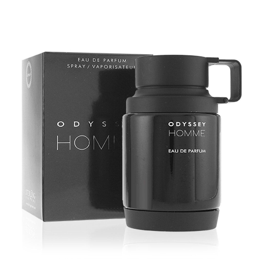 Schwarzer Flakon und Verpackung mit "ODYSSEY HOMME" und "EAU DE PARFUM" Schriftzug.