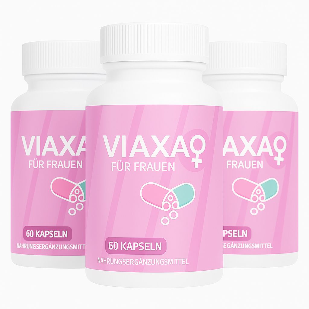 Drei weiße Flaschen mit rosa Etiketten. Auf den Etiketten steht "VIAXA FÜR FRAUEN", ein Kapsel-Symbol und "60 KAPSELN".