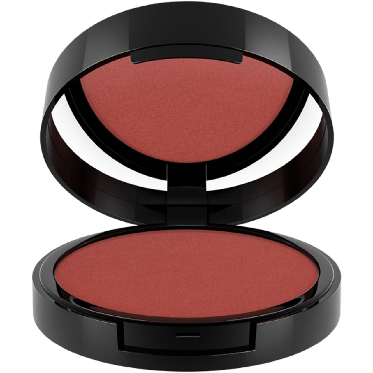 Offener, schwarzer IsaDora Cream Blush-Behälter. Innen: Rouge in Korallenrot. Deckel mit Spiegel. Unterteil mit Rouge.