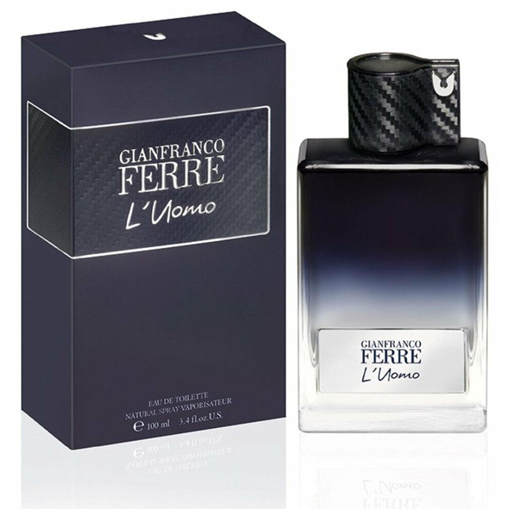 Gianfranco Ferre L'Uomo Flakon und Verpackung. Rechteckige Flasche, Farbverlauf transparent/dunkelblau. Schwarzer Deckel. Schwarze Box.