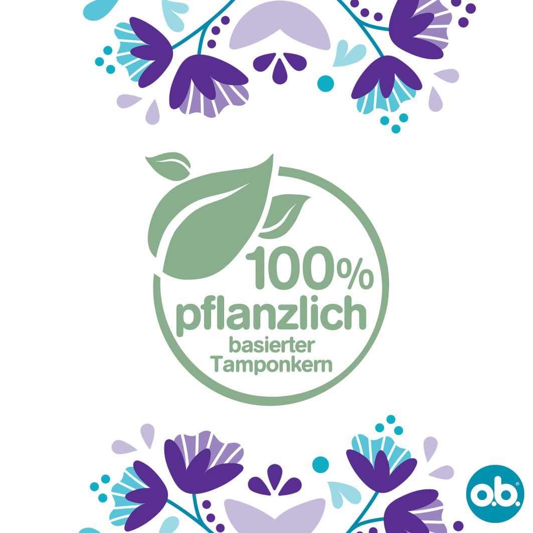 Kreisförmiges Logo mit Text: 100% pflanzlich basierter Tamponkern. Logo o.b.®