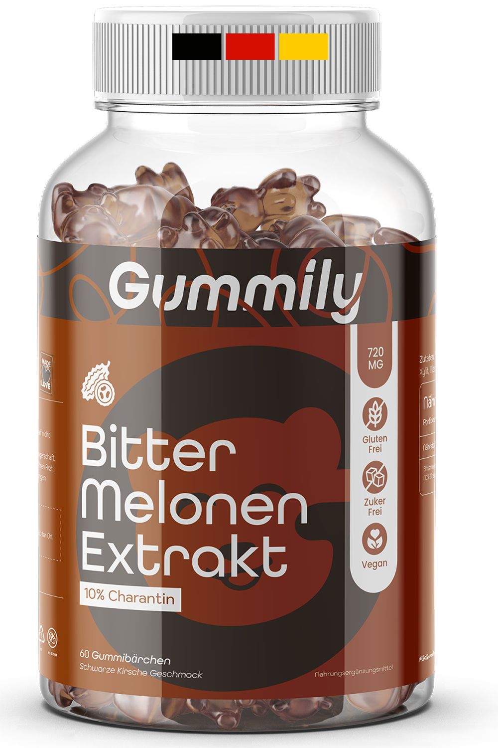 Gummily Bitter Melonen Extrakt in Glasflasche. Aufschrift: 10% Charantin, 60 Gummibärchen. Glutenfrei, zuckerfrei, vegan.