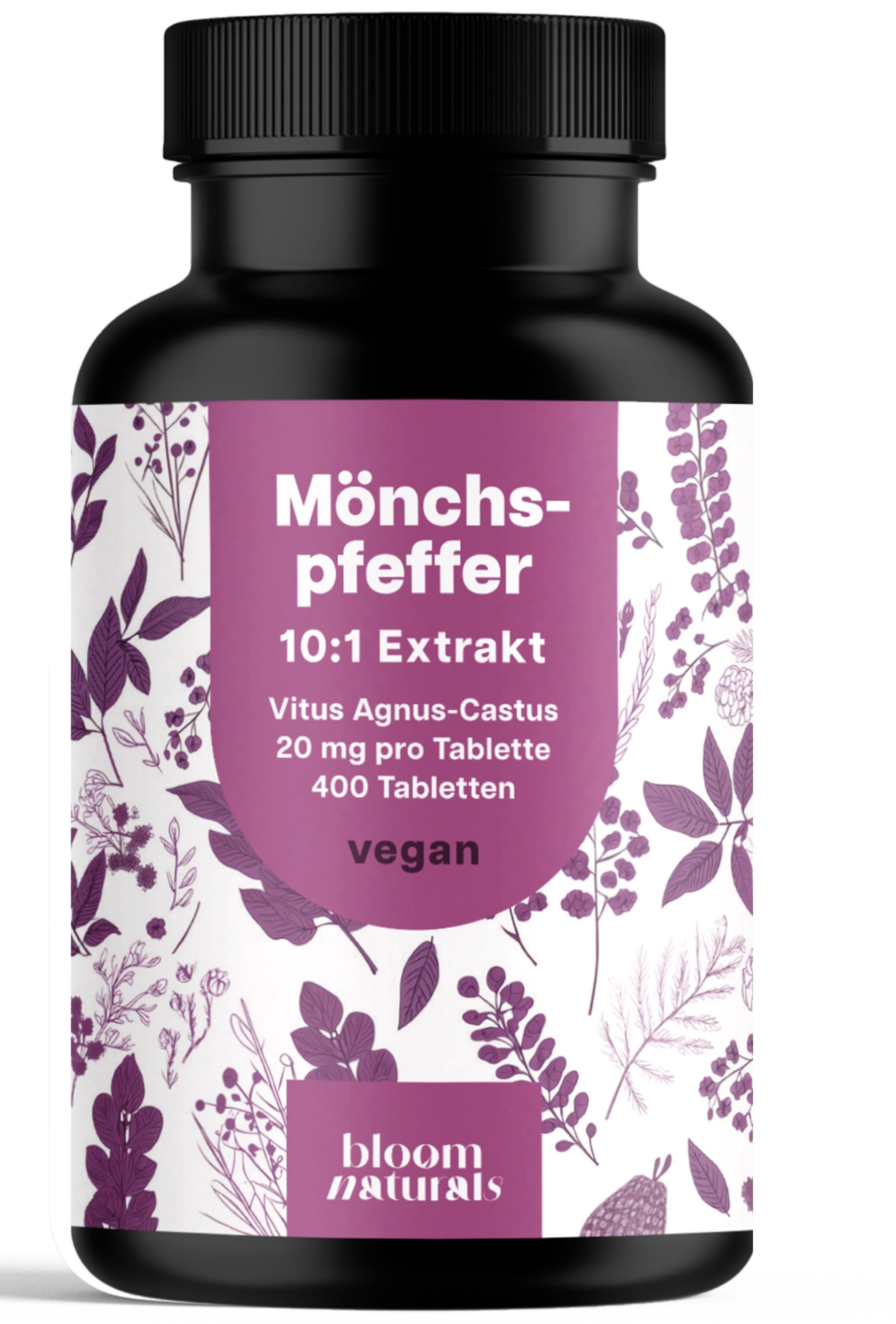 Schwarze Flasche mit lila Etikett. Aufschrift: Mönchspfeffer 10:1 Extrakt, 400 Tabletten, vegan. Marke: Bloom Naturals.