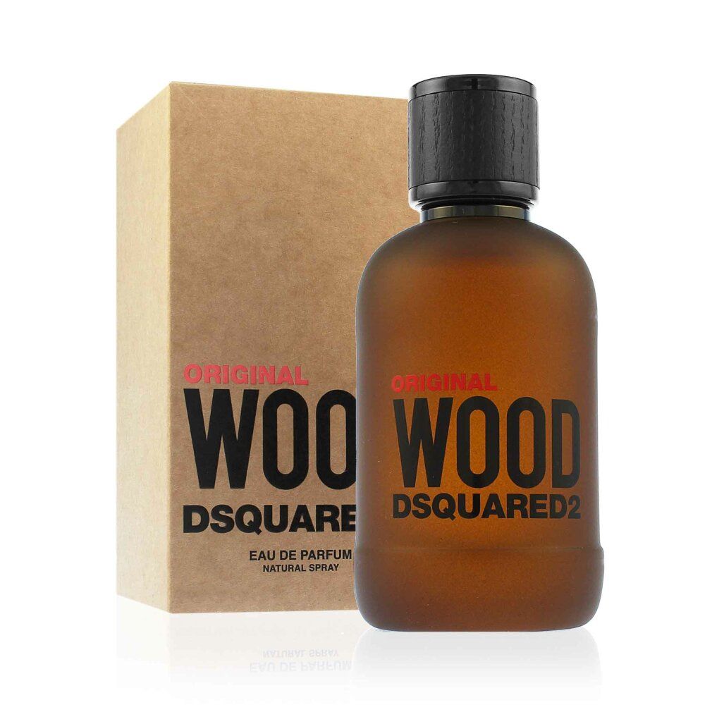 Dsquared2 Wood Original Eau de Parfum Flakon und Verpackung auf weißem Hintergrund.