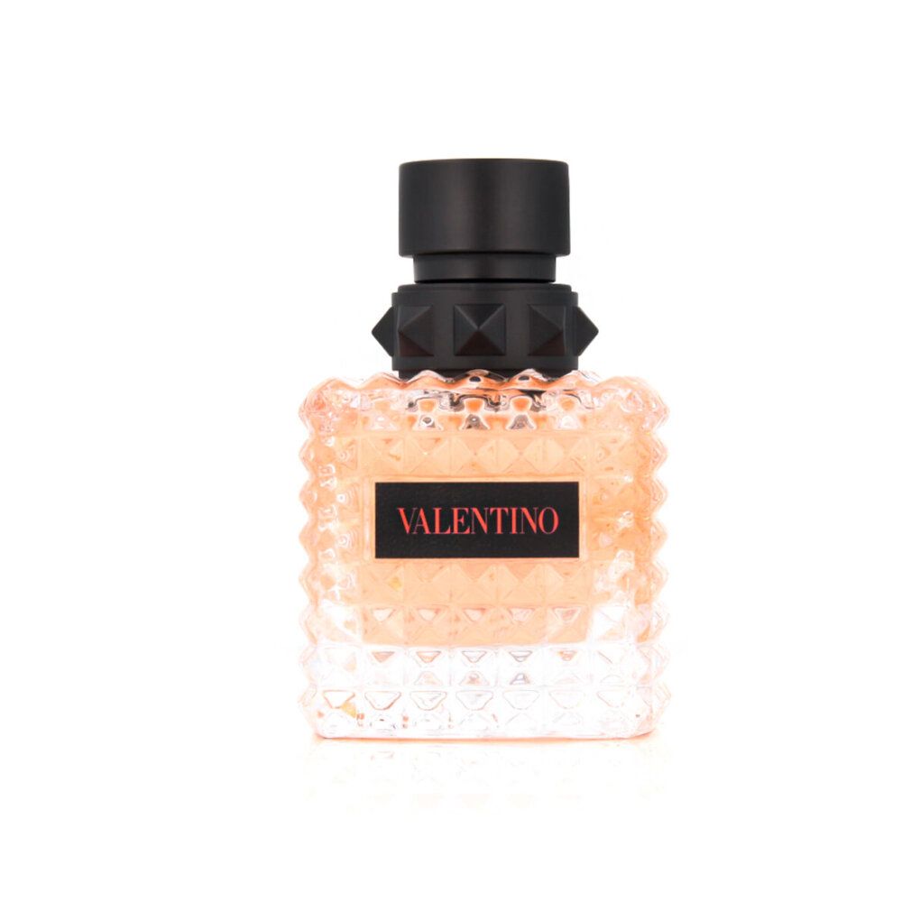 Valentino Born in Roma Coral Fantasy EDP. Flakon mit schwarzem Verschluss. Schwarzes Etikett mit Schriftzug. Eckiges Design.