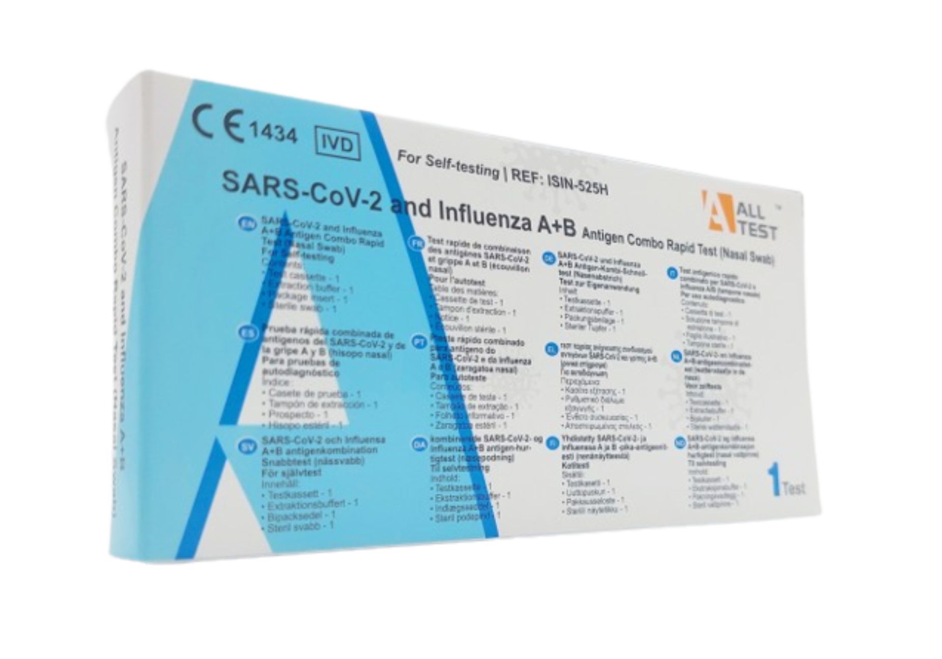 Schräg gestellte Verpackung mit CE-Kennzeichnung und "ALLTEST"-Logo. Antigen-Schnelltest für SARS-CoV-2 und Influenza A+B. 1 Test.