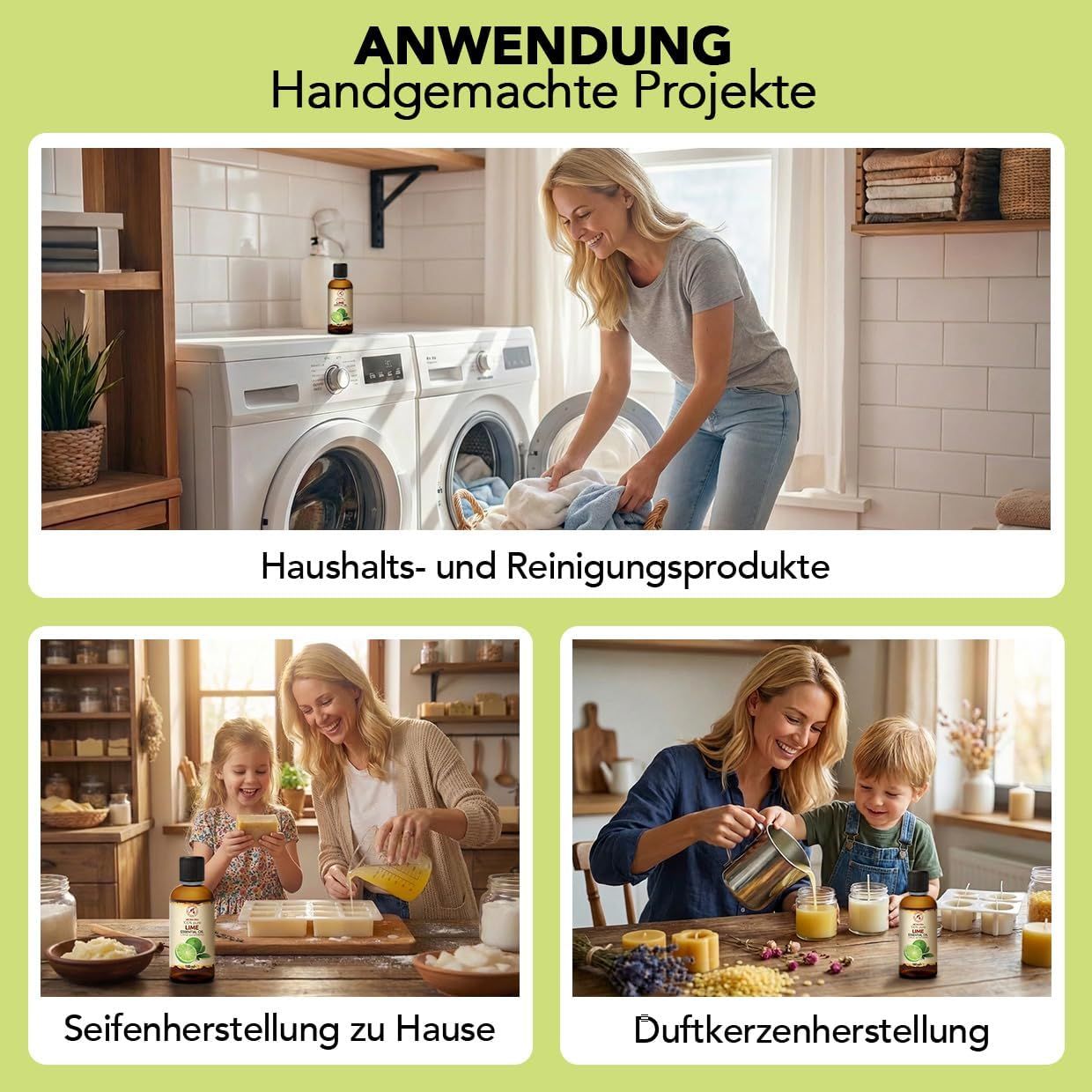 Frau wäscht Wäsche, daneben steht eine Flasche ätherisches Öl.