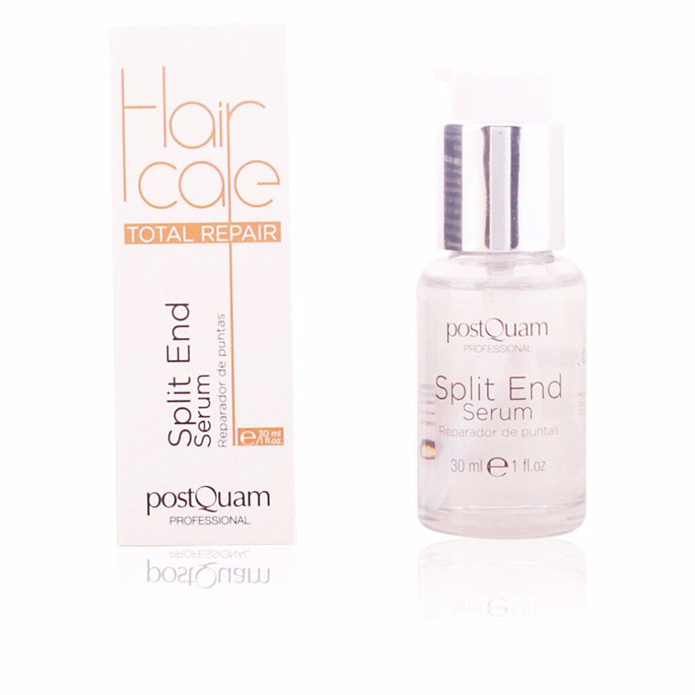 Serumflasche und Verpackung. Aufschrift: Hair Care Total Repair, Split End Serum. Marke: Postquam. Flasche mit Pumpverschluss.