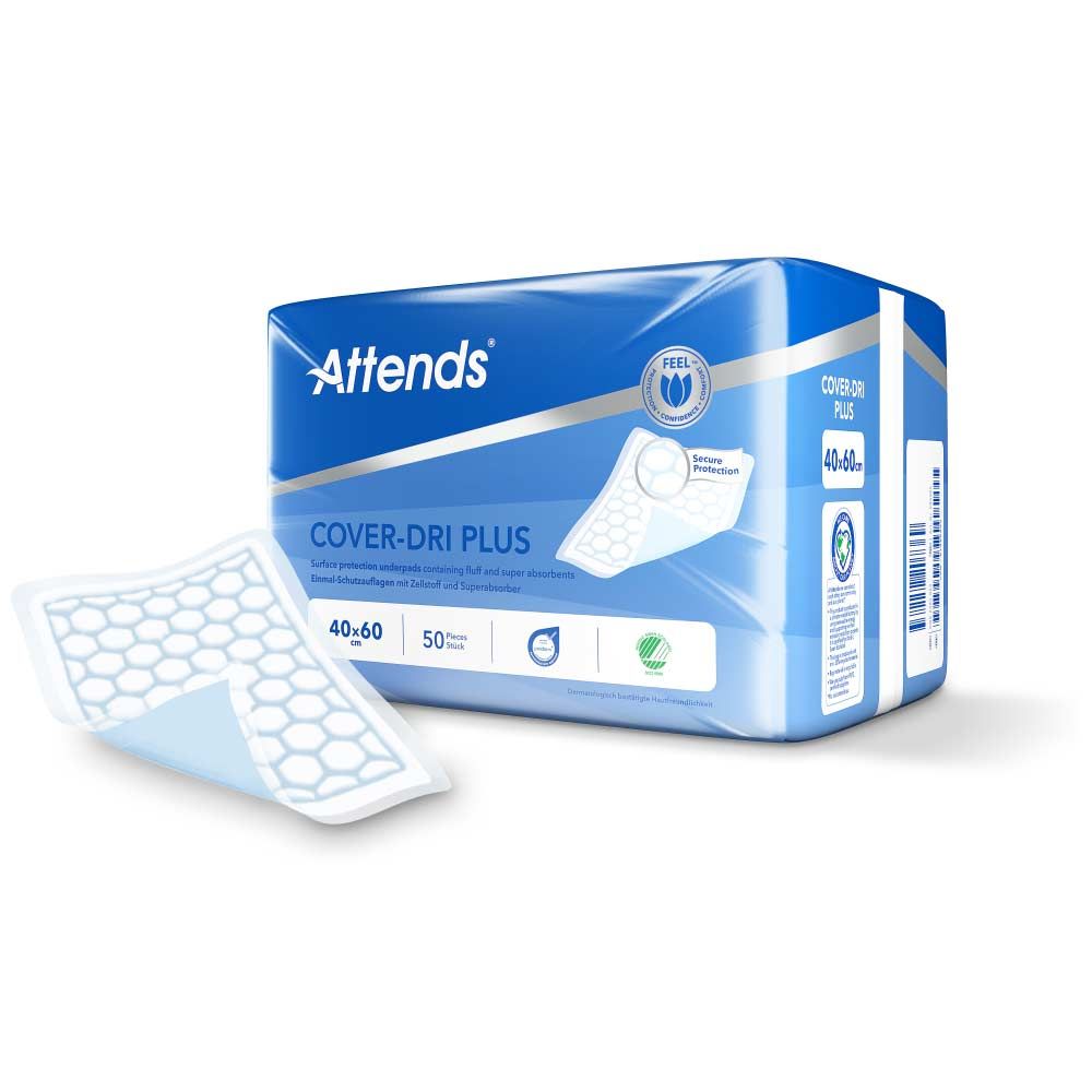 Attends Cover-Dri Plus Packung, blau. Eine Unterlage daneben. Größe 40x60 cm, 50 Stück. Produktname und Logo.