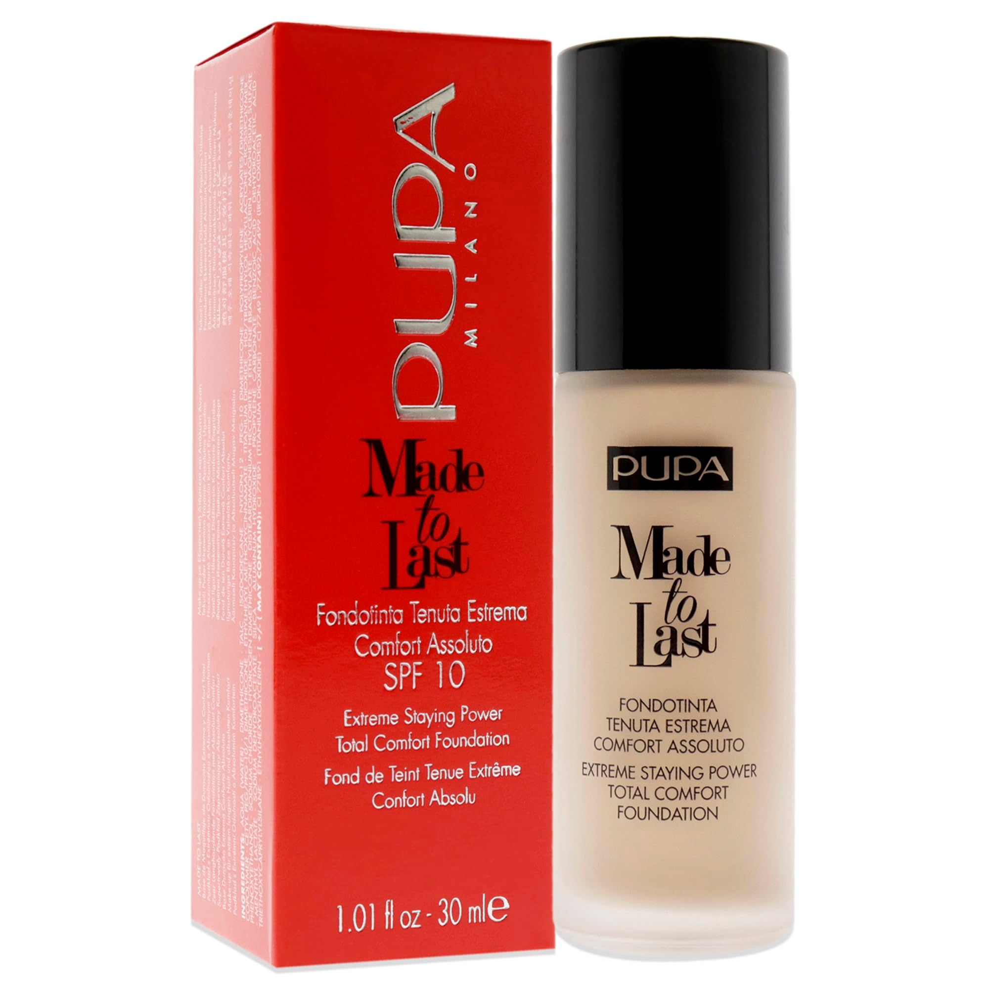 Beige Foundation-Flakon und rote Verpackung. Schriftzug: Pupa Made to Last. Text in italienischer und englischer Sprache.
