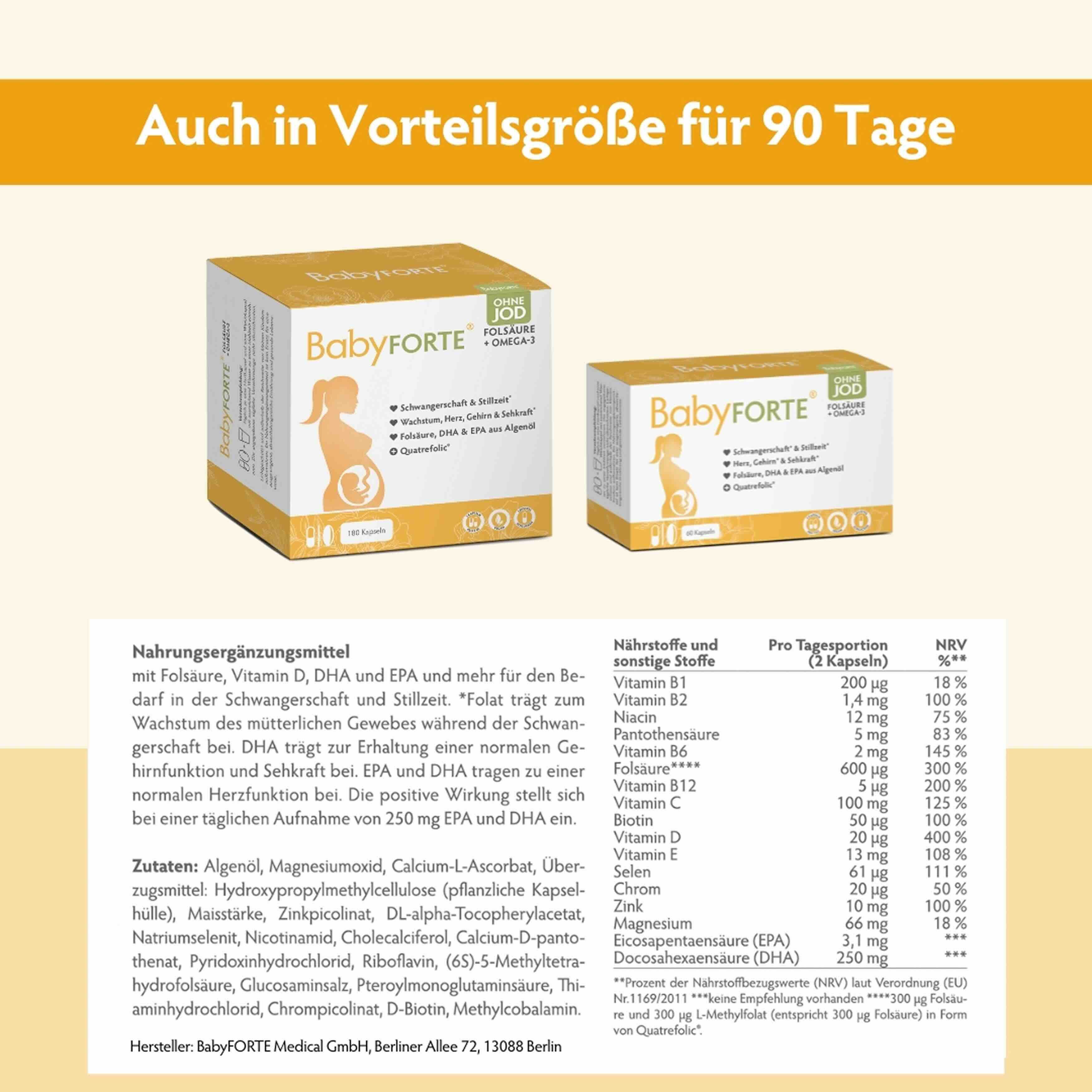 Zwei BabyFORTE-Packungen. Text: Auch in Vorteilgröße für 90 Tage. Nährwerttabelle. Zutatenliste. Hersteller: BabyFORTE Medical GmbH, Berlin.