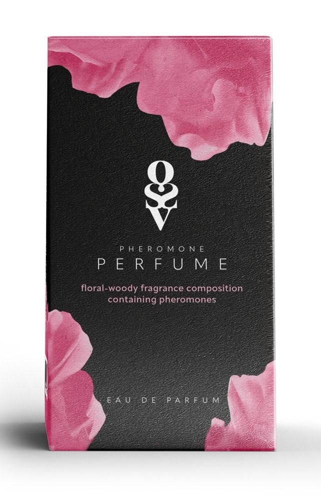 Schwarze Parfümverpackung mit rosa Blüten. Text: Pheromone Perfume, Floral-Woody. Eau de Parfum. Minimalistisches Design.