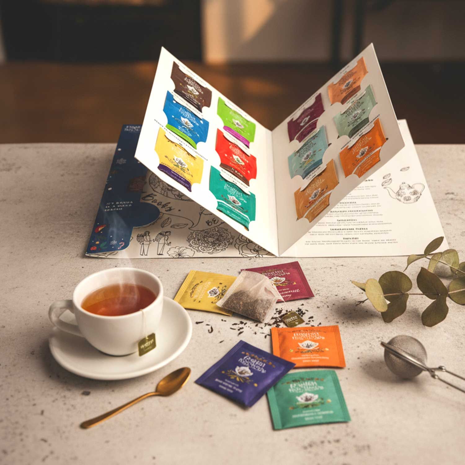 Adventskalender geöffnet mit Teebeuteln. Tasse Tee, Löffel und Teesieb. Verschiedene Teebeutel in bunten Farben.