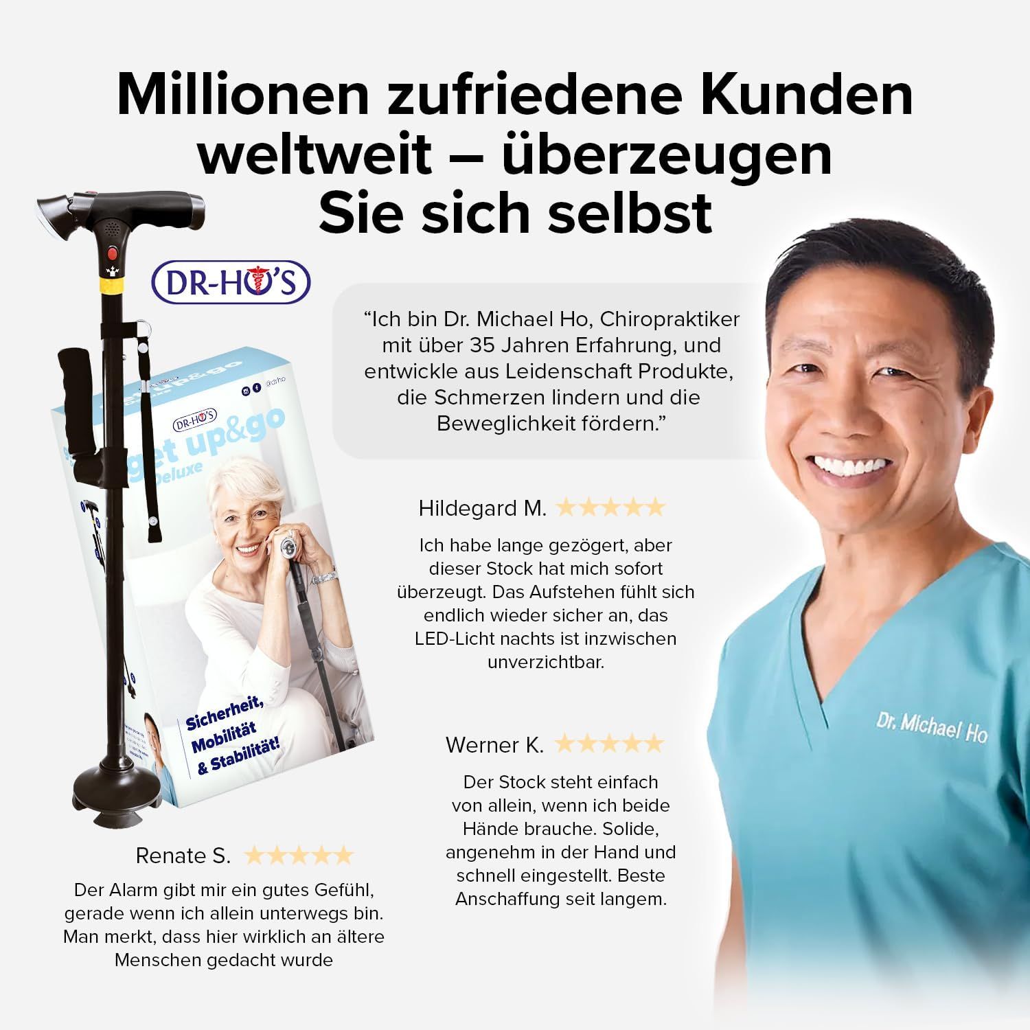 DR-HO'S Get Up & Go Gehstock mit LED-Licht, Alarmknopf & 4-Punkt-Standfuß