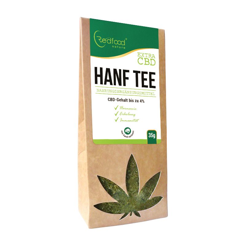 Braune Papiertüte mit Hanfblatt-Ausschnitt. Aufkleber mit "Hanf Tee", "CBD" und grünen Logos. 35g.