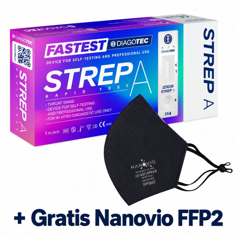 Diagotec Fastest Strep A – Streptokokken-Selbsttest für zu Hause + Gratis Nanovio Ffp2 Maske 3 St Test