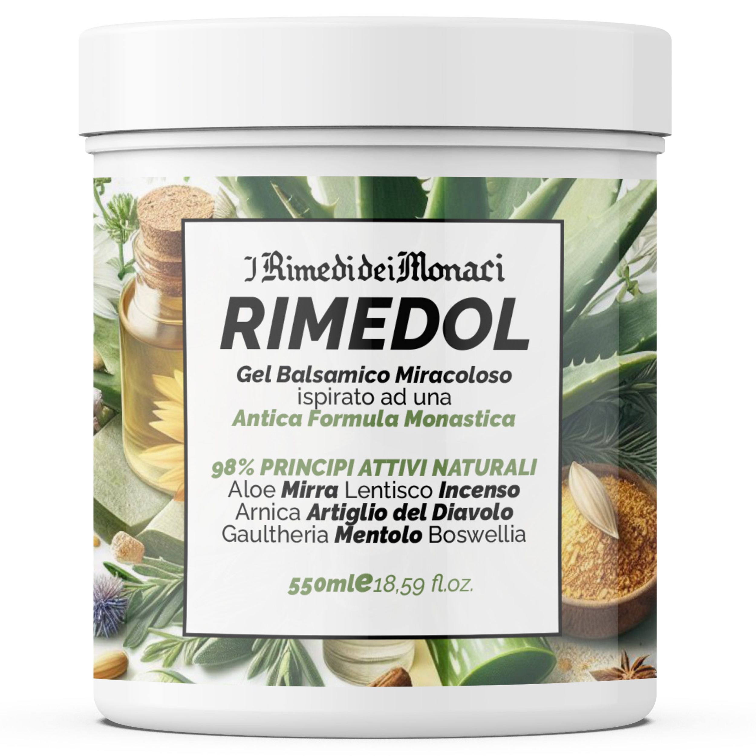Weißer Behälter mit Produktetikett. Text: IRimediDeiMonaci Rimedol, Gel Balsamico Miracoloso, 550ml, 98% natürliche Wirkstoffe.