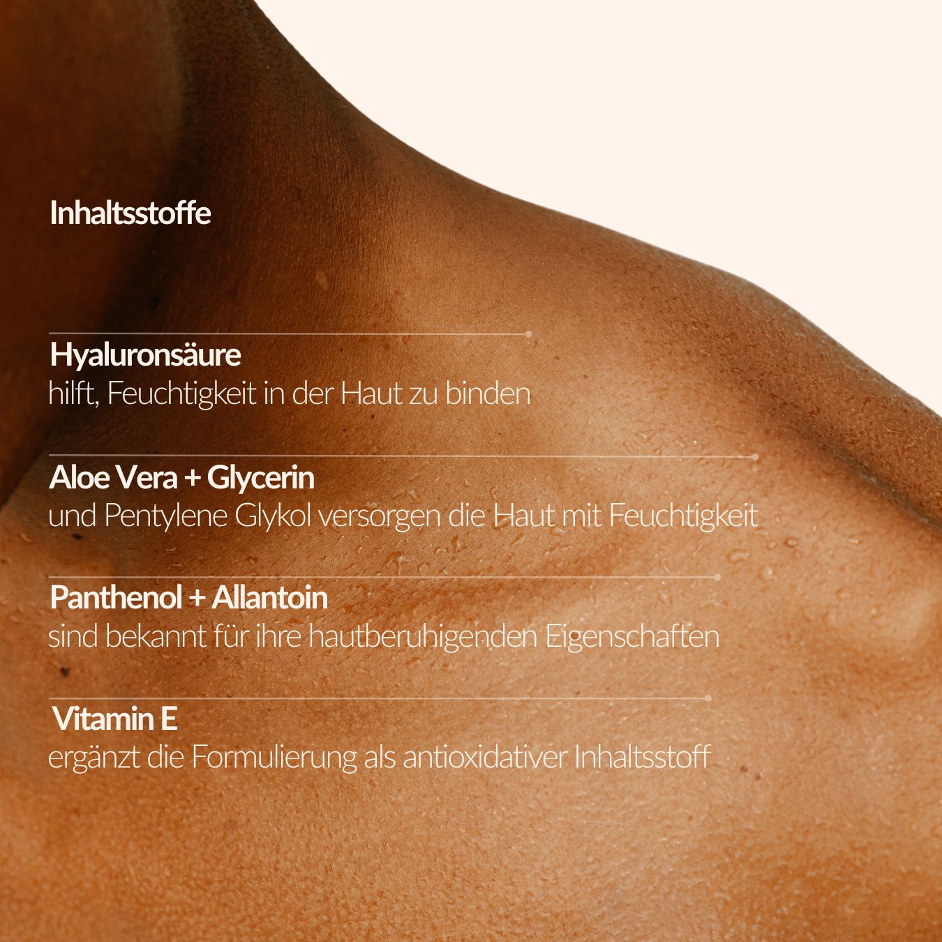 Nahaufnahme der Haut mit Text-Overlays, die Inhaltsstoffe von Belong. Cosmetics OMG! Hyaluronserum erklären.