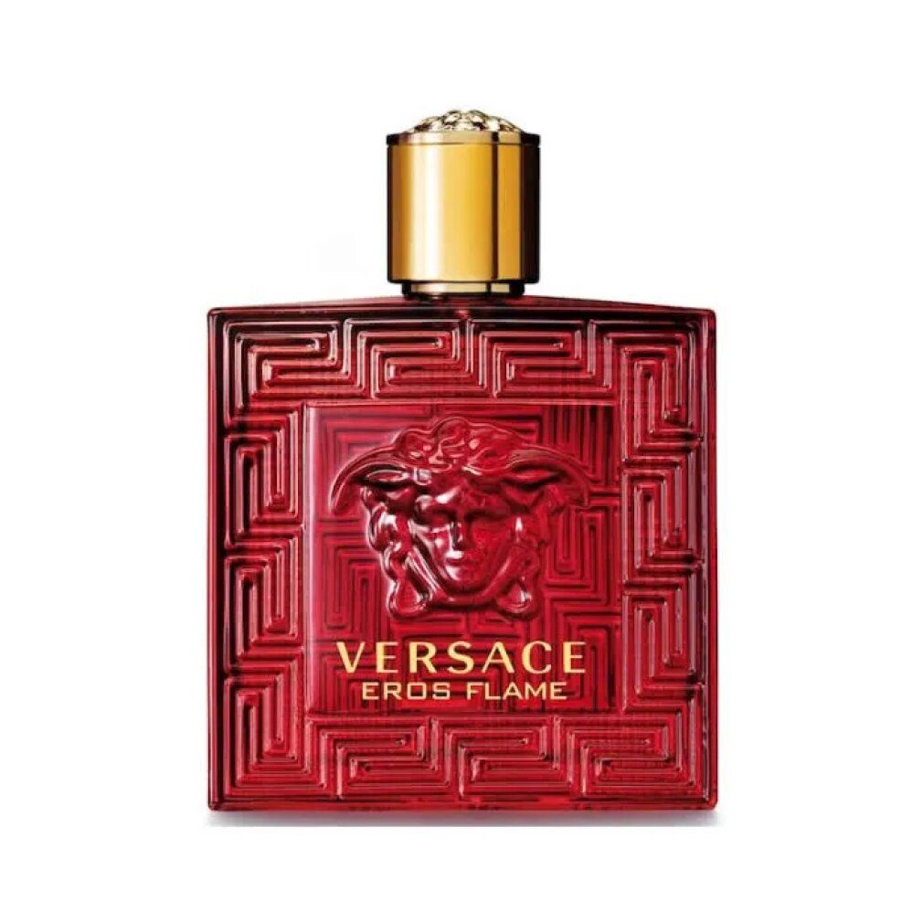 Roter Flakon mit goldenem Deckel. Geprägtes Muster und Logo. "Eros Flame" Schriftzug.