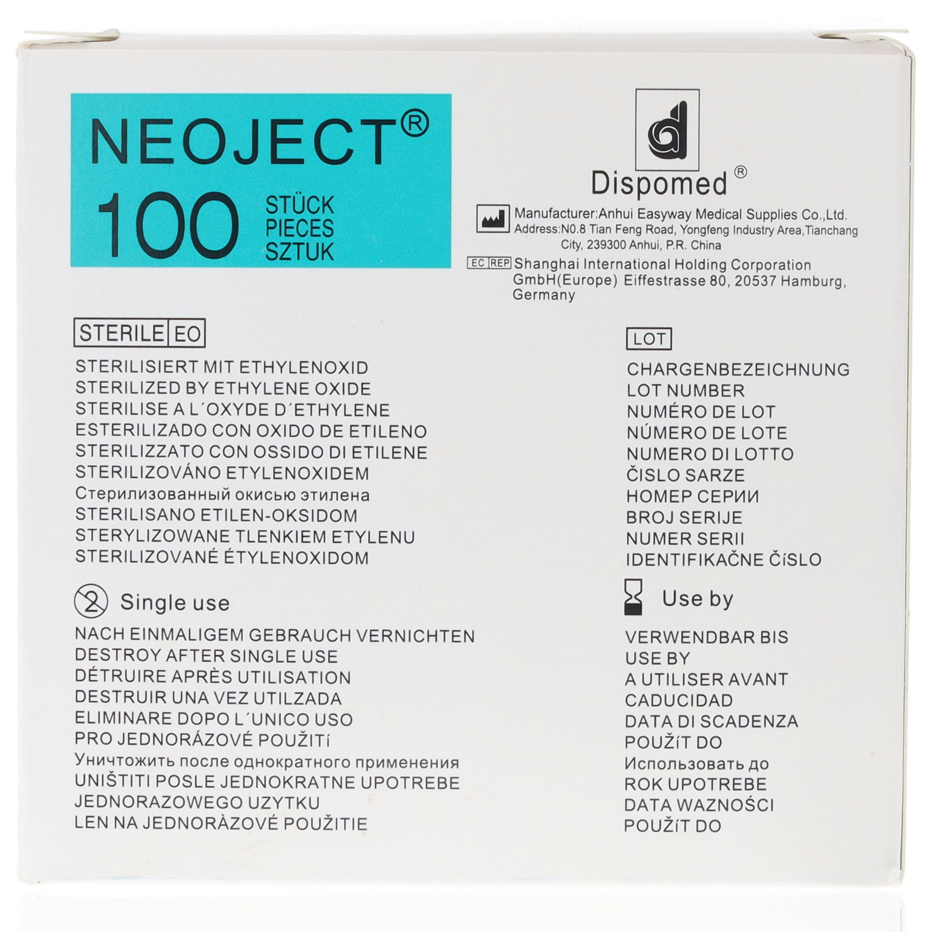 Verpackung mit 100 NEOJECT® Kanülen. Sterilisiert mit Ethylenoxid. Einzelnutzung.