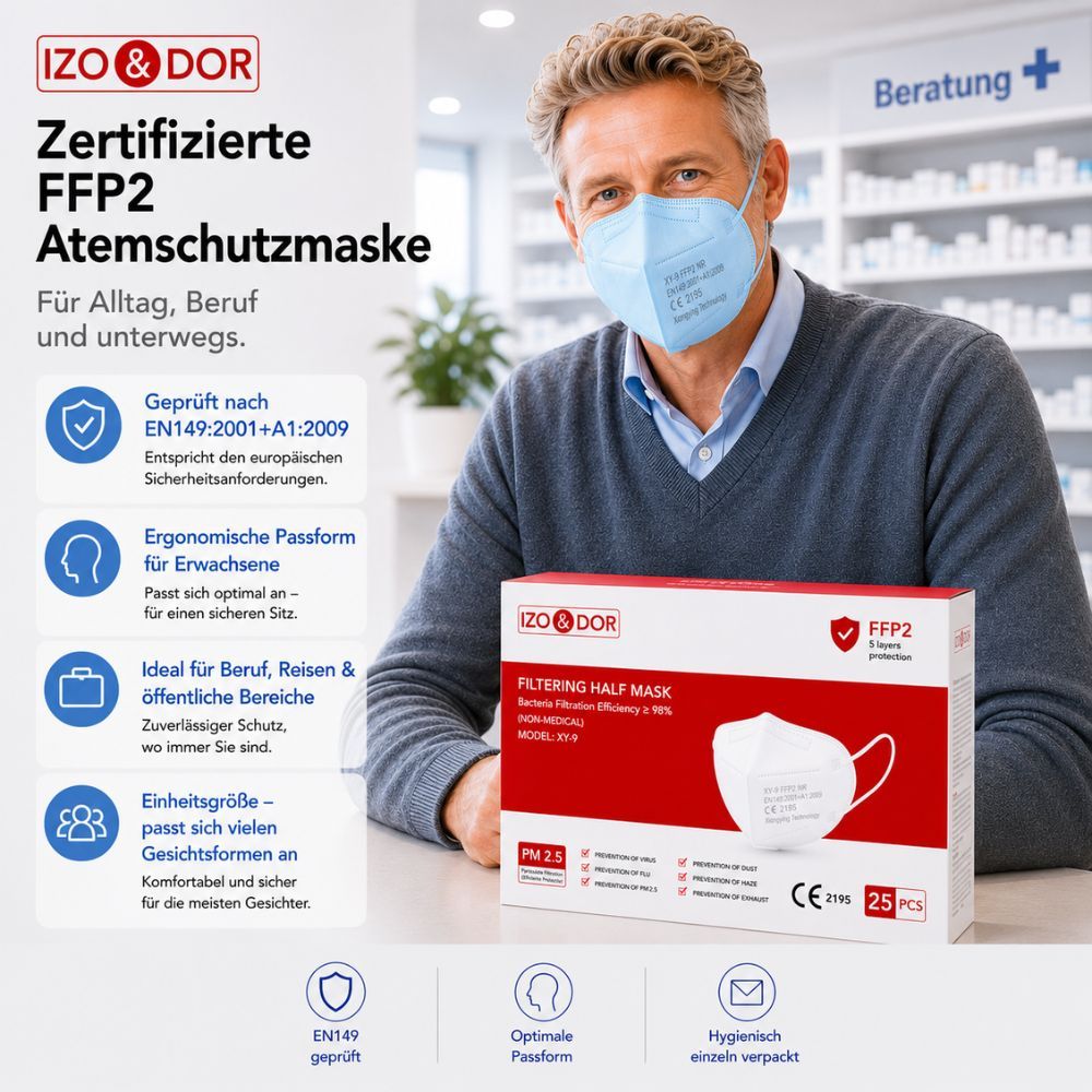 Mann trägt eine blaue IZO&DOR FFP2 NR Atemschutzmaske. Geprüft nach EN149, ergonomische Passform.
