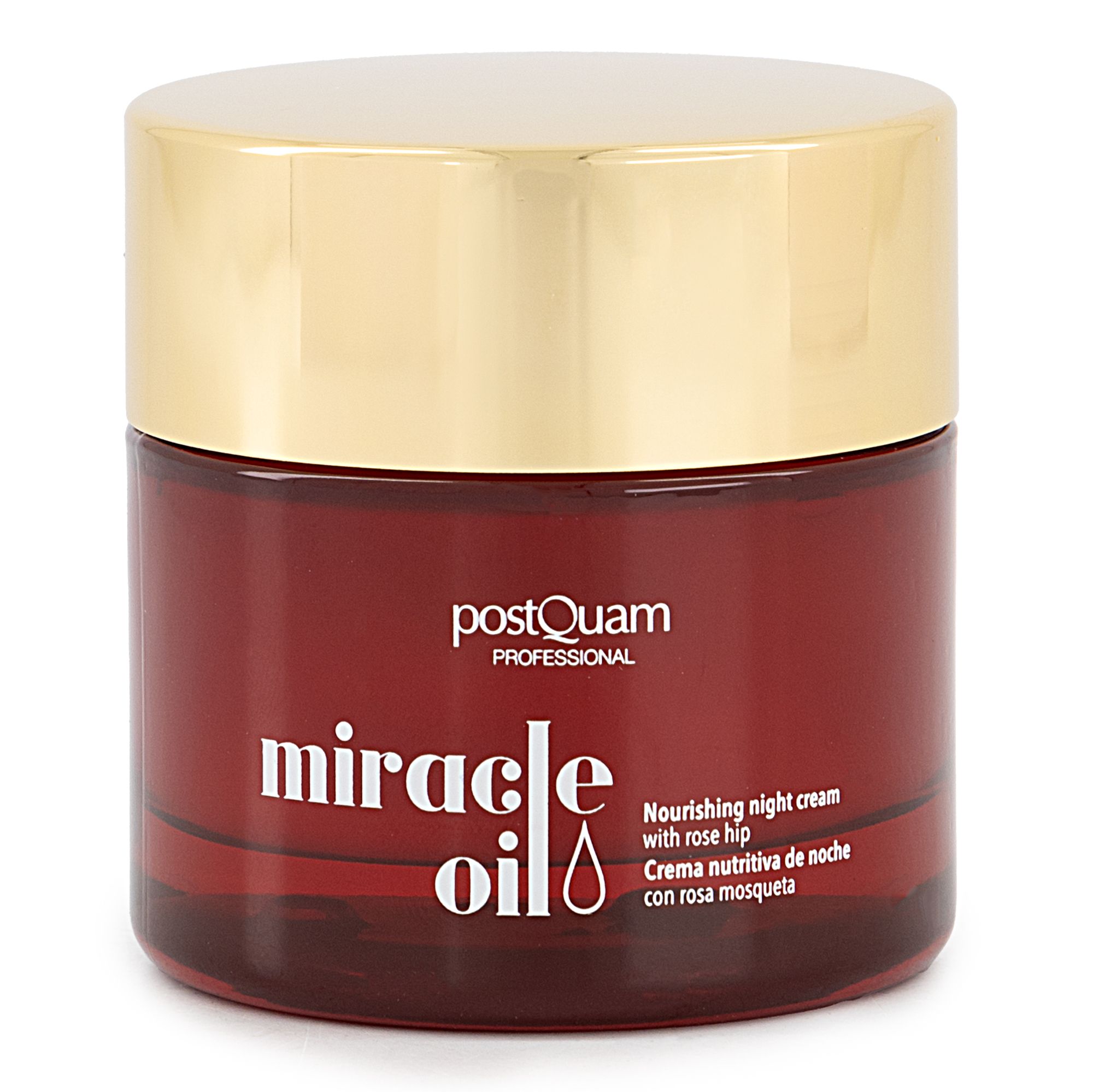 Roter Tiegel mit goldenem Deckel. Aufschrift: "postQuam PROFESSIONAL miracle oil". Text: "Nourishing night cream with rose hip".