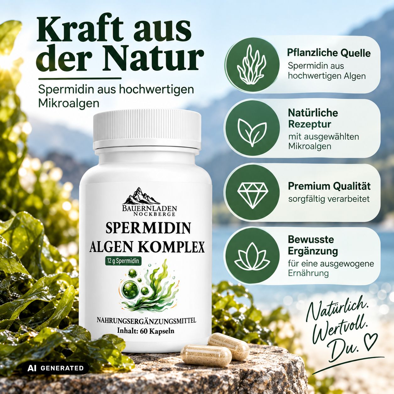 Weiße Kapsel mit Spermidin Algen Komplex, 60 Kapseln. Quelle: Hochwertige Mikroalgen. Premium Qualität.