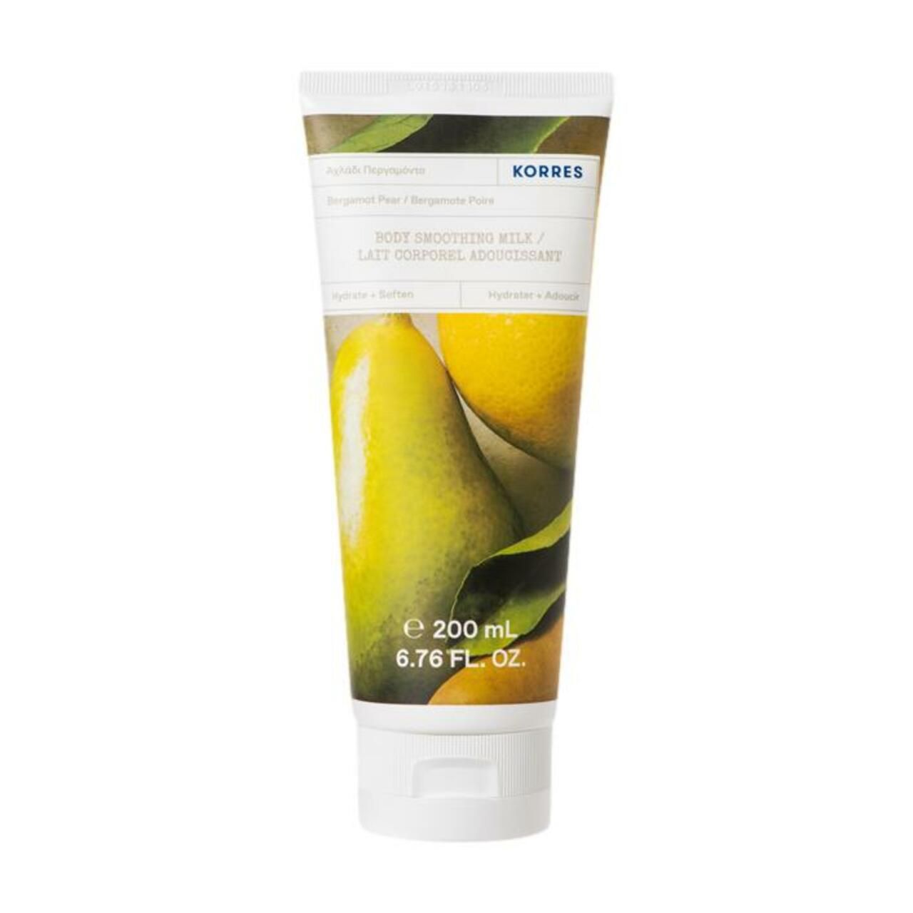 KORRES Glättende Körpermilch Bergamotte Birne 200ml Tube mit Fruchtmotiv.