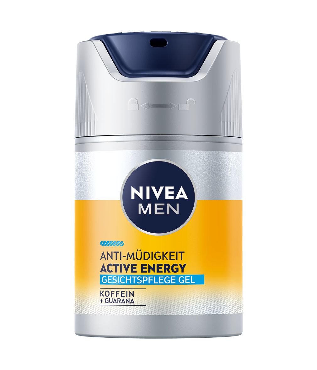 NIVEA MEN Active Energy Gesichtspflege Gel-Tube. Aufschrift: Anti-Müdigkeit, Koffein + Guarana.