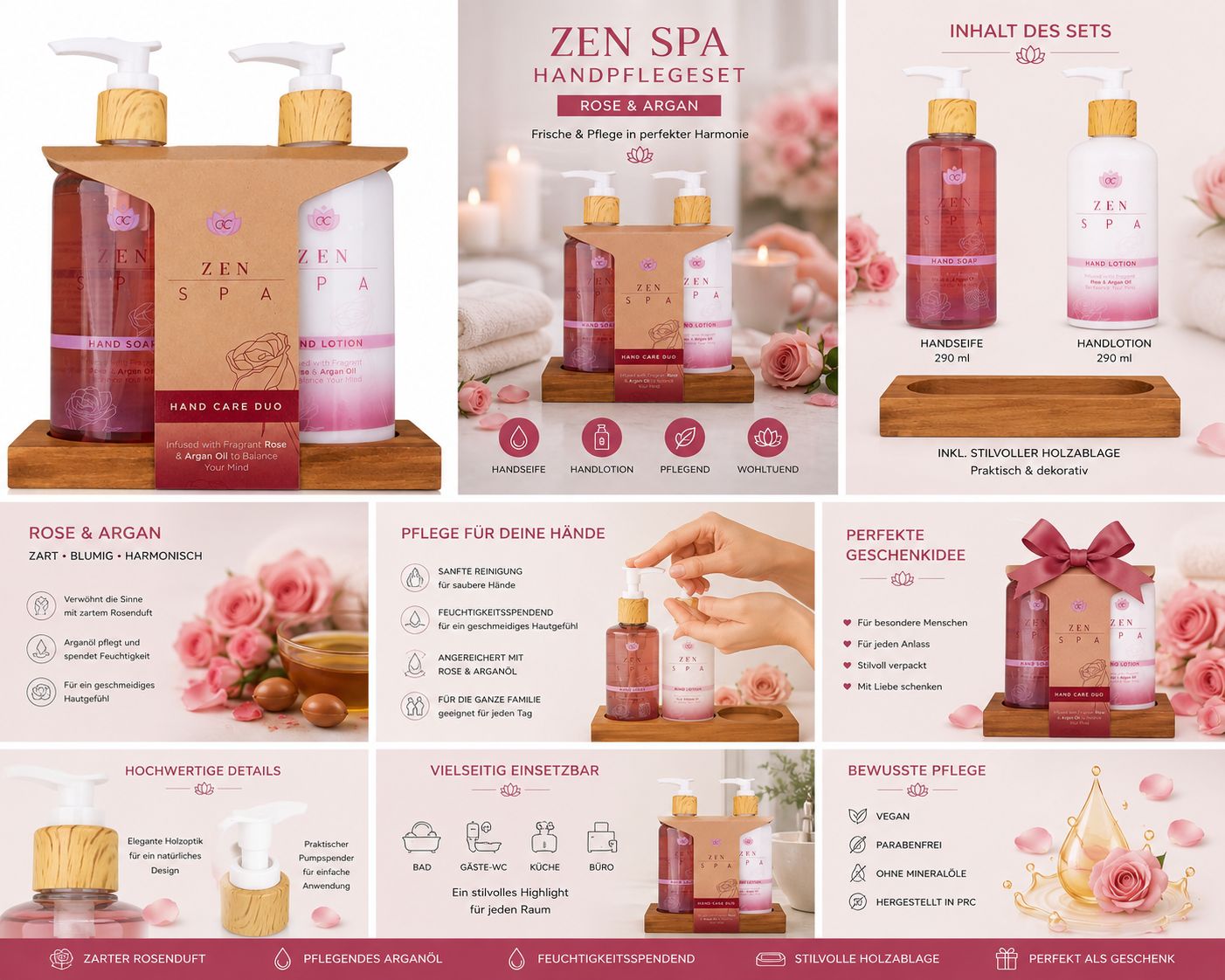 Collage: Handpflegeset ZEN SPA Rose & Argan, Anwendungshinweise und Produktvorteile.