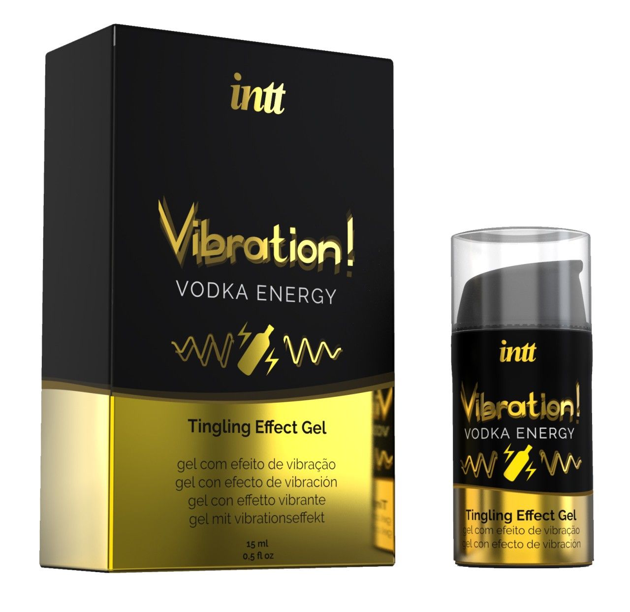 Produktverpackung und Flasche. Aufschrift: INTT, Vibration! Vodka Energy, Tingling Effect Gel. 15 ml.