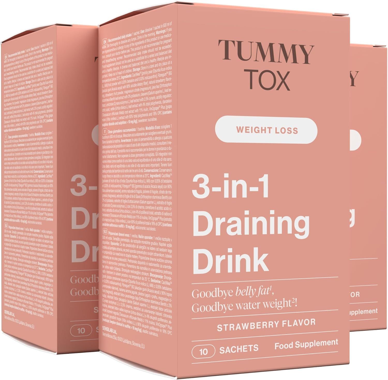 Rosa Produktverpackungen mit Aufschrift "Tummy Tox 3-in-1 Draining Drink". Enthält 10 Sachets. Erdbeergeschmack.