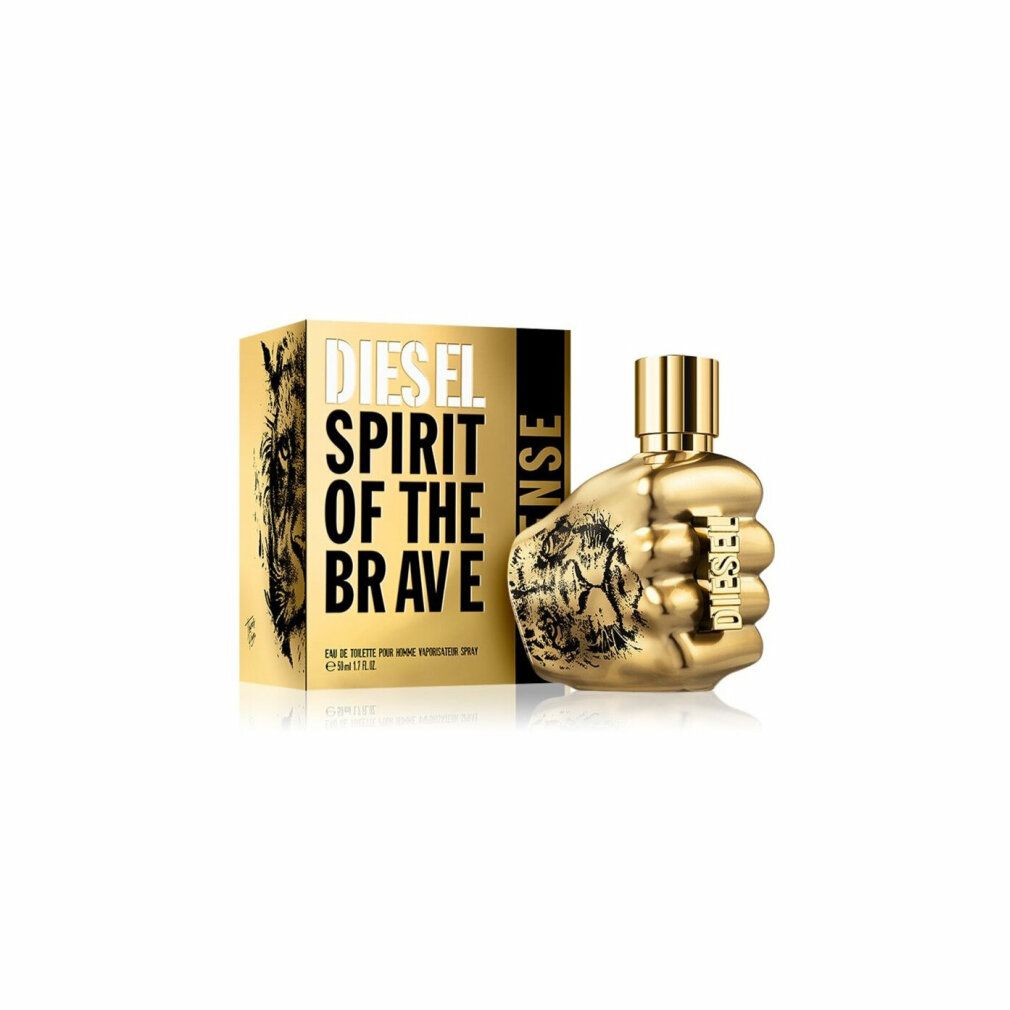 Goldfarbener Flakon in Faustform und goldene Verpackung. Aufschrift: Diesel Spirit Of The Brave Intense. Abbildung eines Löwen.