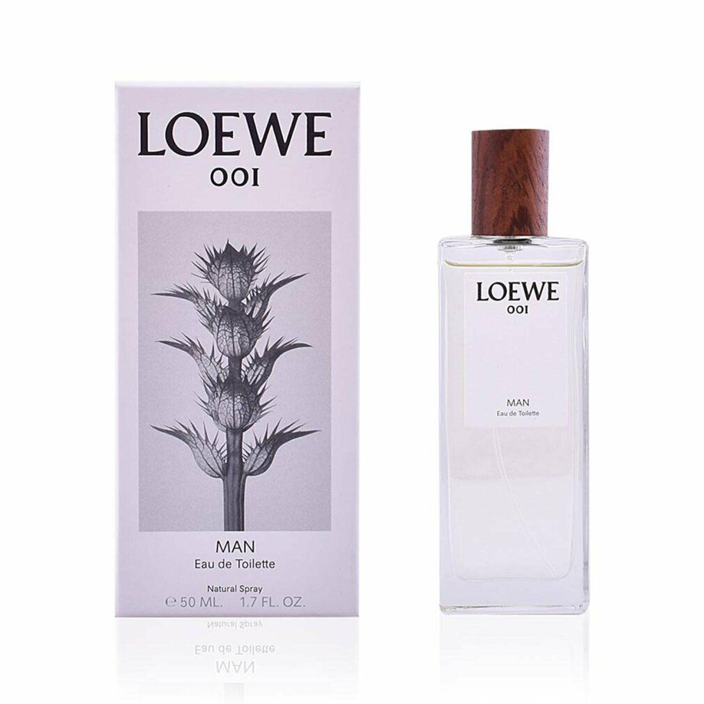 Loewe 001 Man Eau de Toilette Spray und Verpackung. Flakon neben weißer Schachtel mit floralem Motiv und Produktbezeichnung.