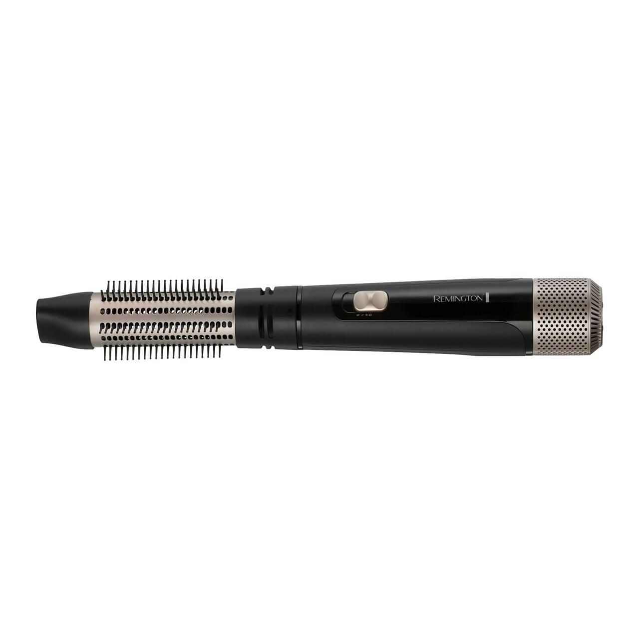 Schwarzer Warmluftstyler mit goldfarbenem Bürstenkopf. Text: Remington.