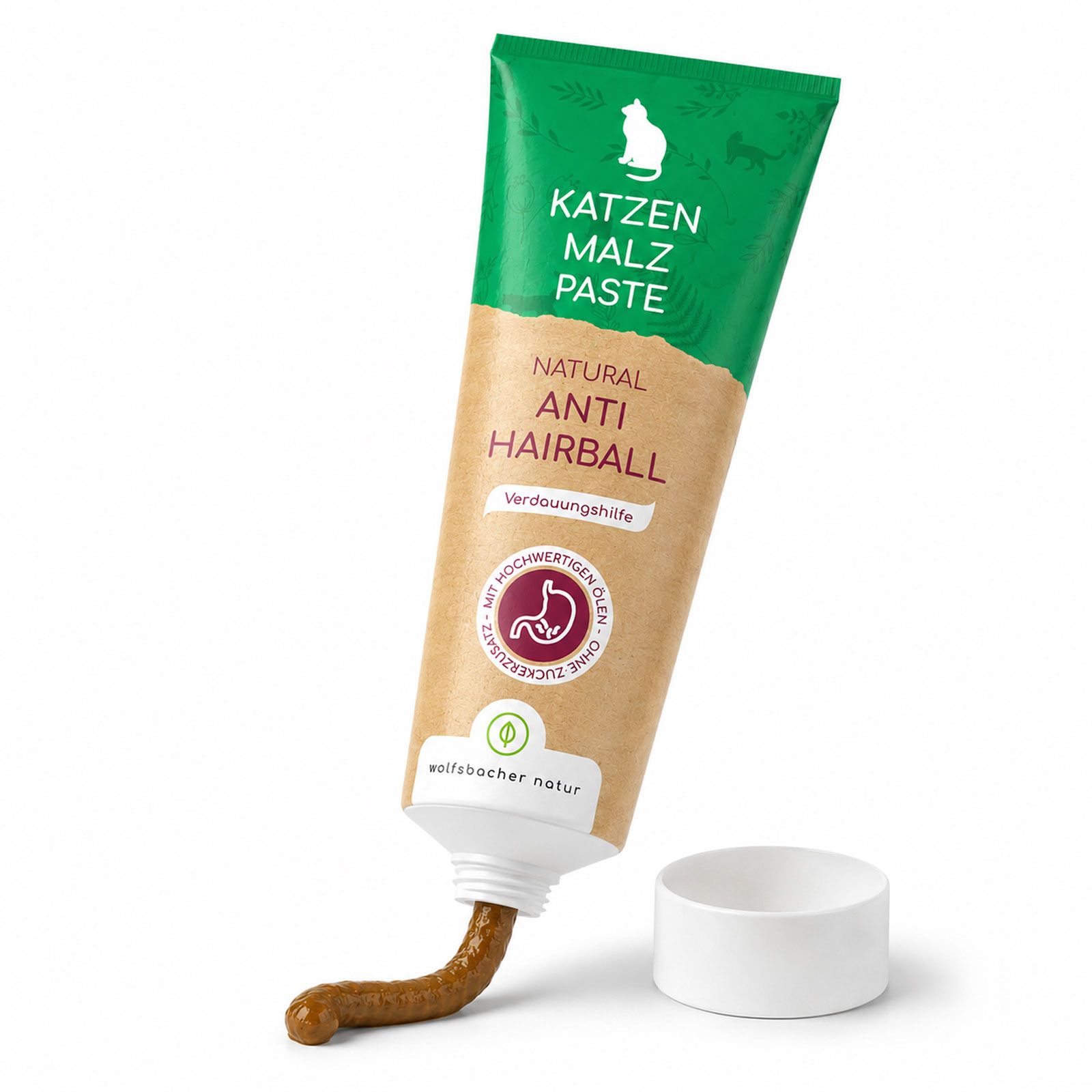 Tube mit Katzen Malz Paste, Natur Anti Hairball, Verdauungshilfe. Braune Paste tritt aus.
