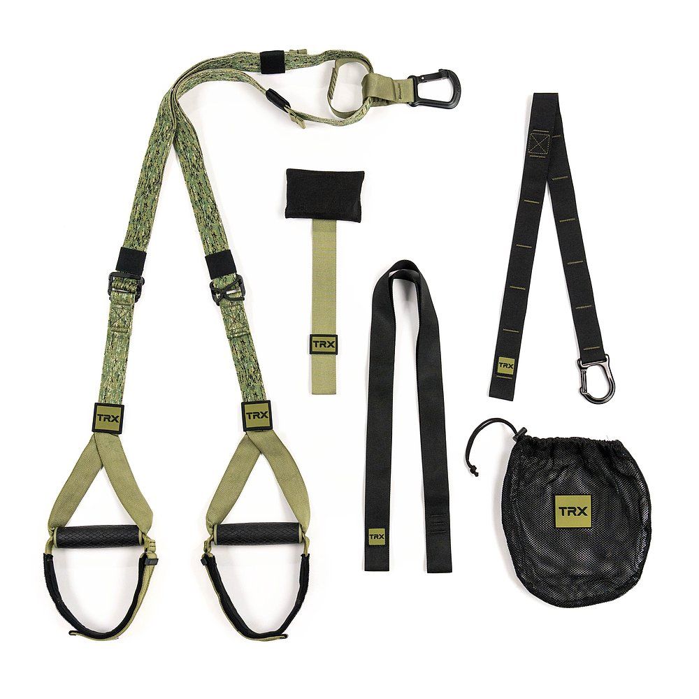 TRX-Schlingentrainer-Set mit Gurten, Griffen, Verlängerung und Tragetasche.
