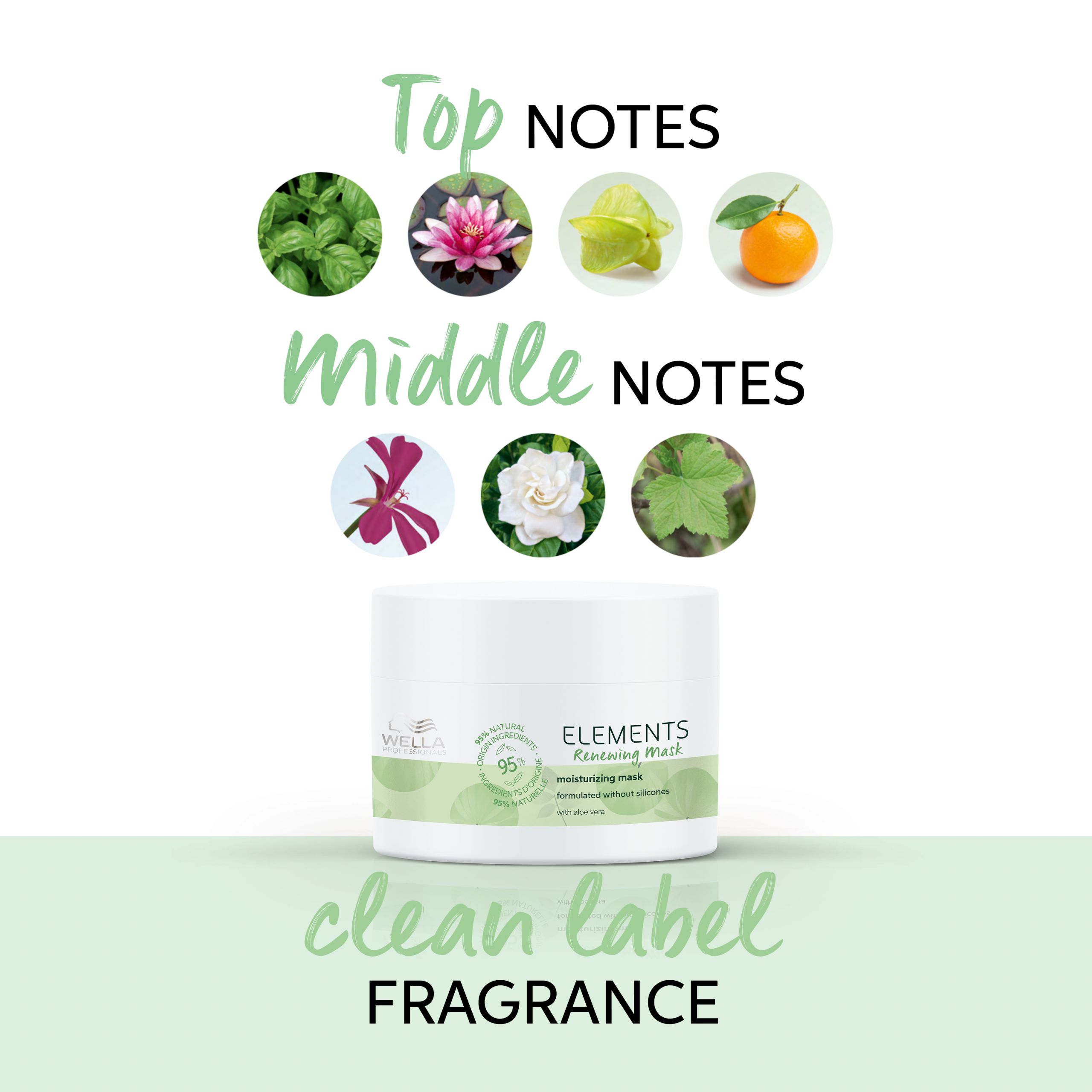 Weißer Tiegel mit grünem Etikett. Aufschrift: ELEMENTS Renewing Mask, 95% natürliche Inhaltsstoffe. Mit Aloe Vera. Abbildung von Inhaltsstoffen.