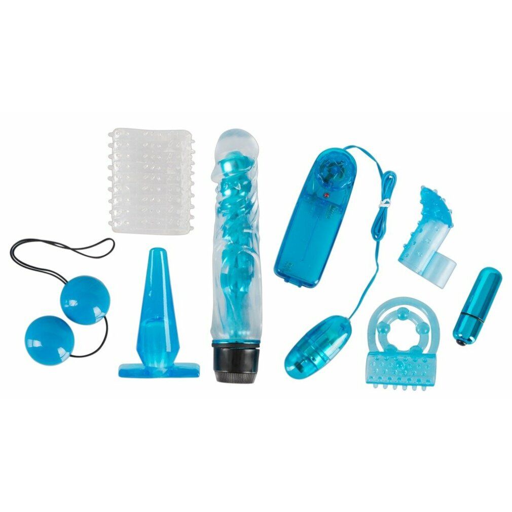 Verschiedene blaue Intimspielzeuge: Vibrator, Analplug, Ringe, Kugeln, Fingerhüte und ein Vibrator-Aufsatz.