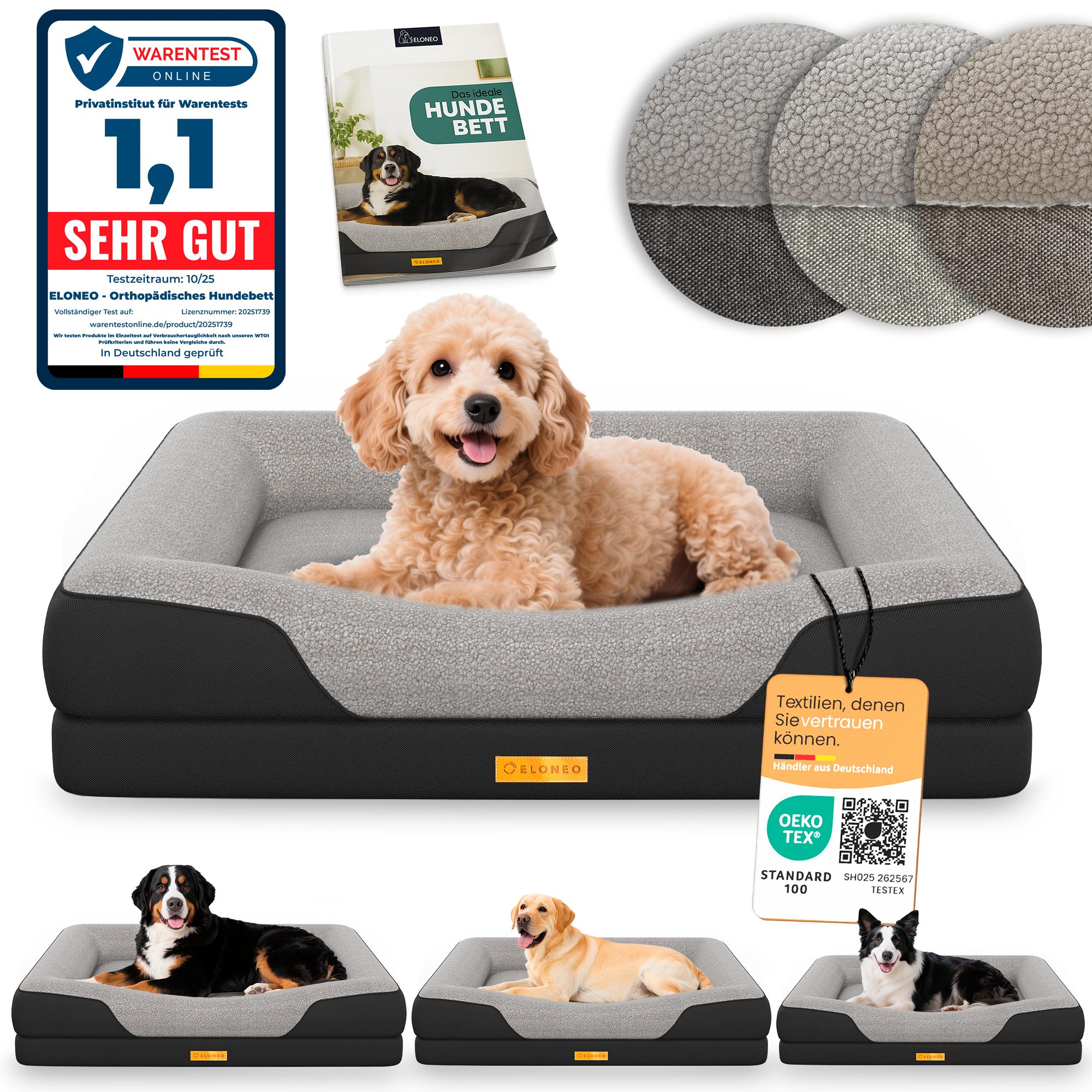 Hundebett mit Hund. Sehr gut getestet. ELONEO Logo. Oeko-Tex Standard 100. Hunde verschiedener Rassen.