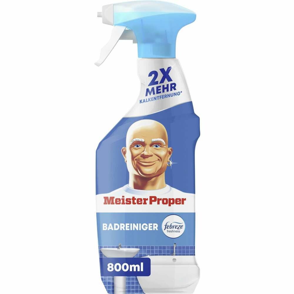 Meister Proper Badreiniger Spray. Blaue Flasche mit Sprühkopf. Aufdruck: Mr. Proper, "2X MEHR Kalkentfernung". 800ml.