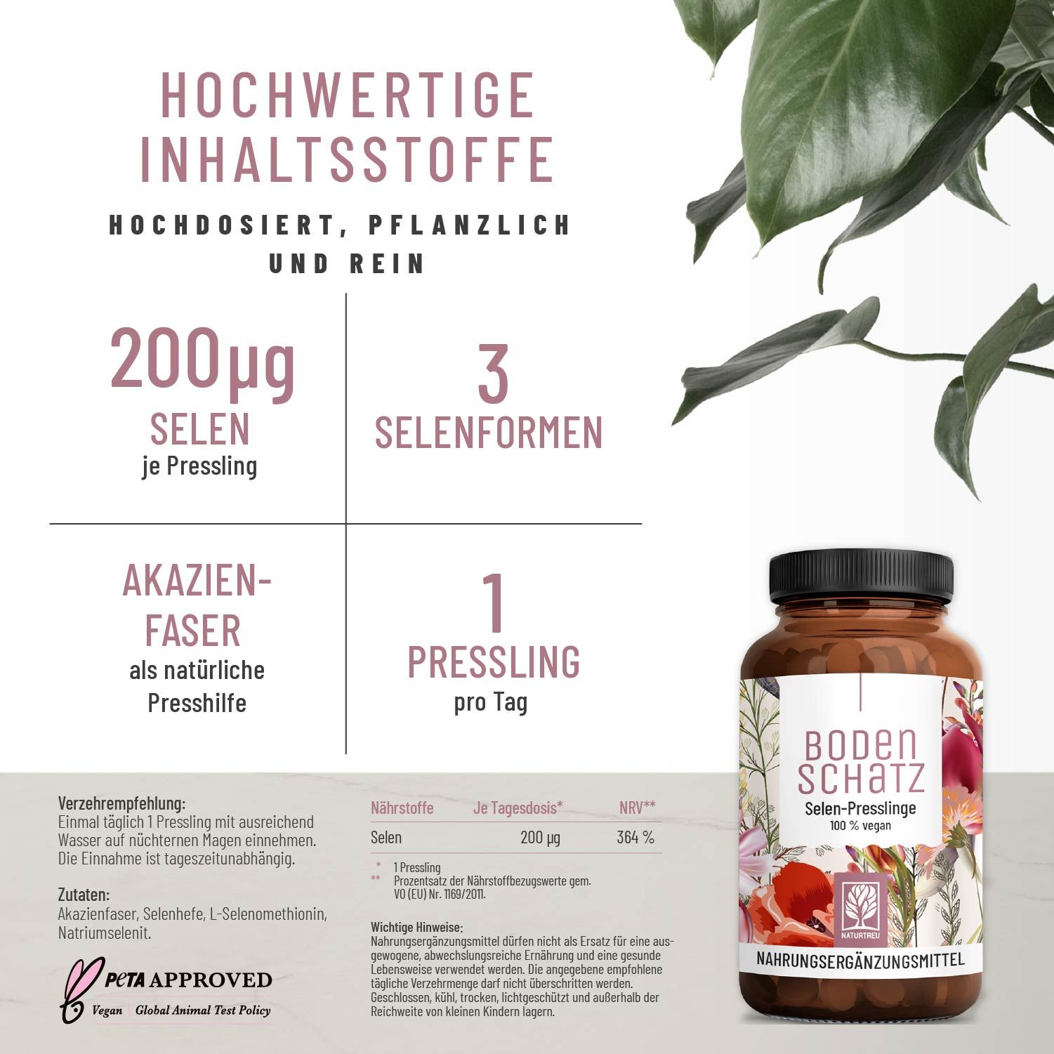 Produktinformationen: 200µg Selen, 3 Selenformen, Akazienfaser. Flasche mit Bodenschatz Selen-Presslinge. Vegan-Logo.
