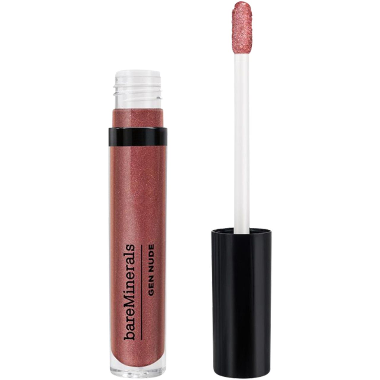 bareMinerals Gen Nude Lip Lacquer. Geöffnete Tube, Applikator. Schwarzer Deckel, transparente Tube.