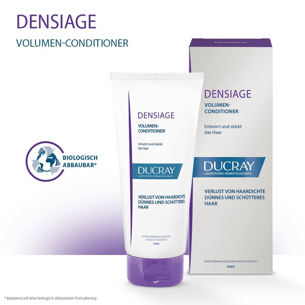 Weiß-lila Tube und Schachtel. Aufschrift: DUCRAY DENSIAGE Volumen-Conditioner. Text: Verlust von Haardichte, dünnes und schütteres Haar. Logo: biologisch abbaubar.