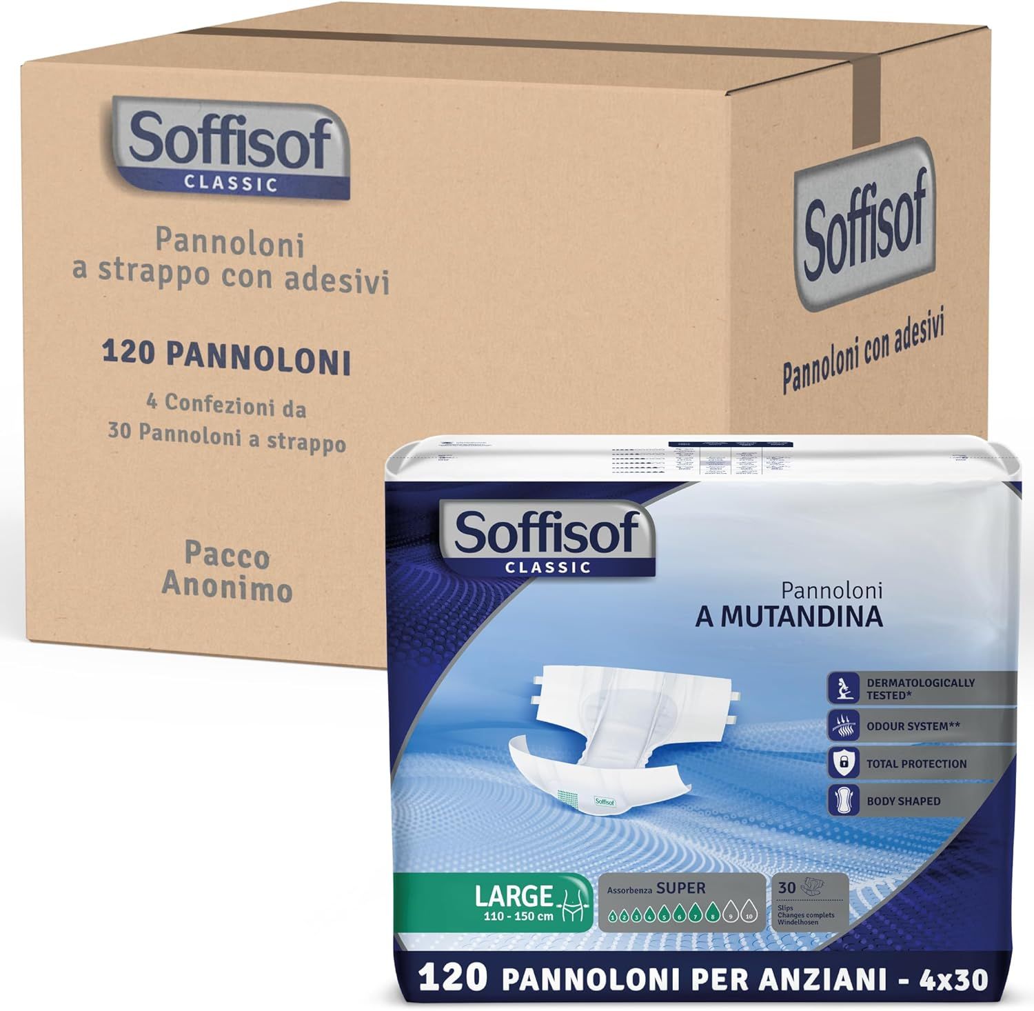 Soffisof Classic Windeln für Erwachsene Super, Packung und Karton. 120 Stück. Aufschrift: Pannoloni a strappo con adesivi. Packung mit 4 x 30 Stück.