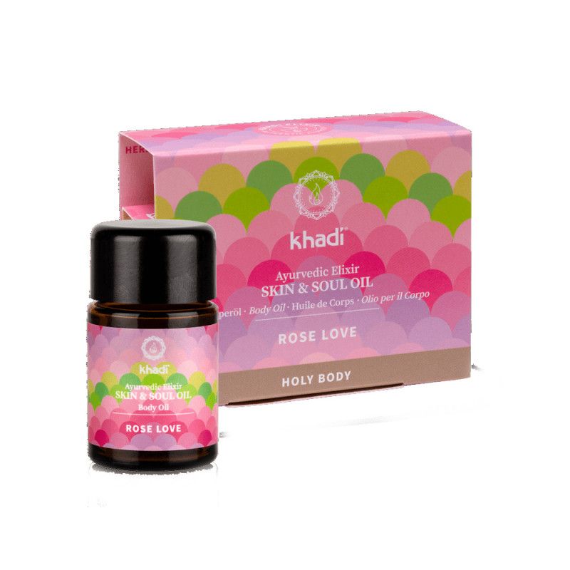 Kleines Körperöl-Fläschchen und Verpackung. Aufschrift: Khadi, Rose Love, Skin & Soul Oil.