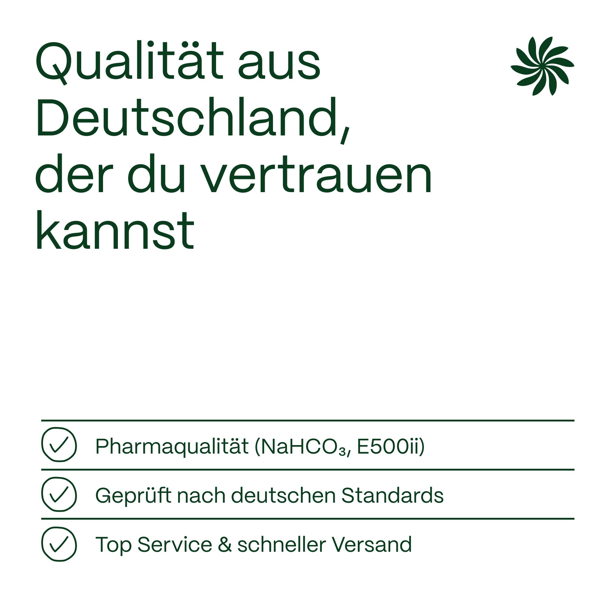 Text auf grünem Hintergrund: Qualität aus Deutschland. 3 Checkboxen.